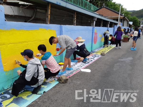 문화희망네트워크 자원봉사자들이 주민과 함께 마을 벽화그리기 활동을 펼치고 있다.