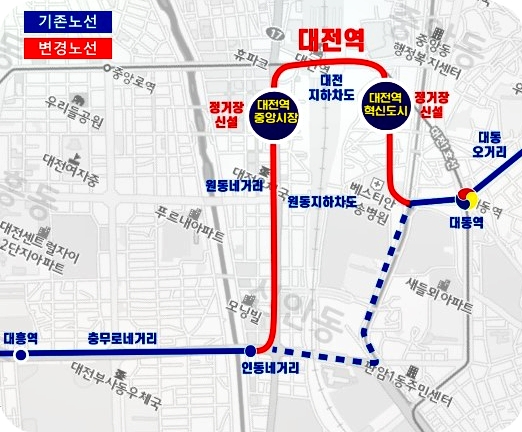 대전 도시철도 2호선 트램 노선 조정도 [사진/대전시 제공]